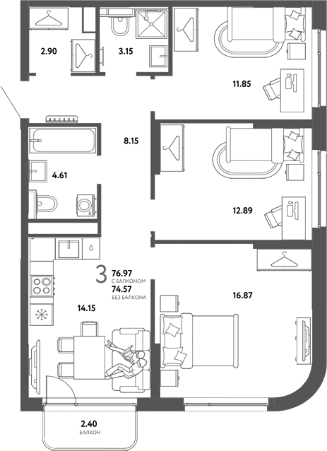 Планировка 3-к.кв 74.57 м² в ЖК «Страна. Тополевая»