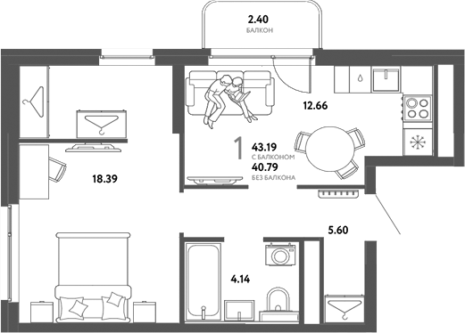 Планировка 1-к.кв 40.79 м² в ЖК «Страна. Тополевая»