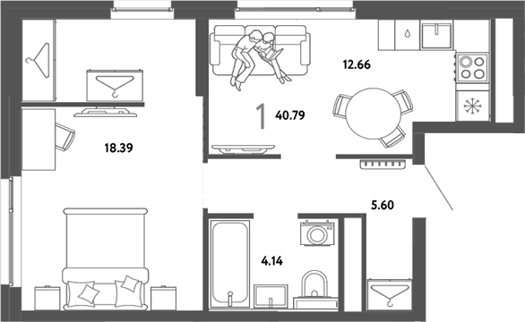 Планировка 1-к.кв 40.79 м² в ЖК «Страна. Тополевая»
