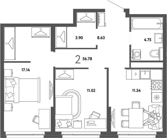 Планировка 2-к.кв 56.78 м² в ЖК «Страна. Тополевая»