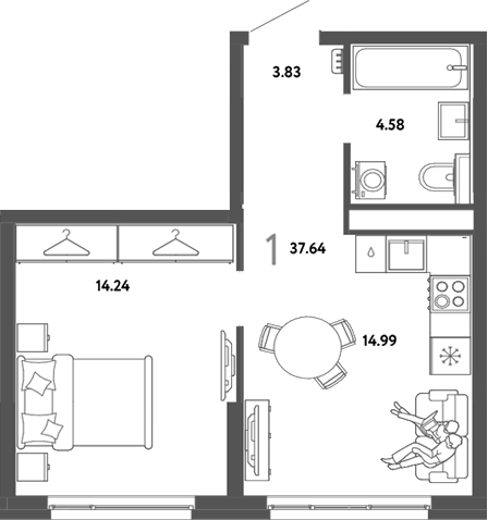Планировка 1-к.кв 37.64 м² в ЖК «Страна. Тополевая»