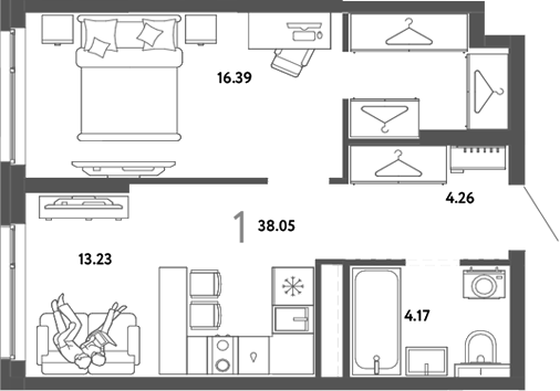 Планировка 1-к.кв 38.05 м² в ЖК «Страна. Тополевая»