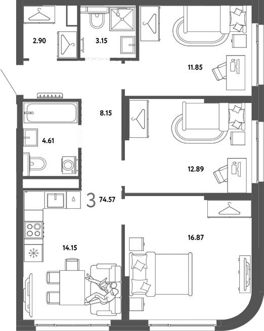 Планировка 3-к.кв 74.57 м² в ЖК «Страна. Тополевая»