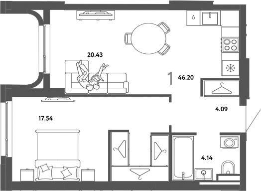 Планировка 1-к. квартира 46.20 м² в ЖК «Страна. Тополевая»
