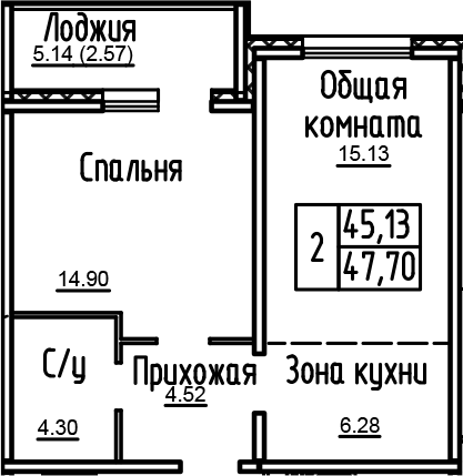 Планировка 2е-к.кв 47.23 м² в ЖК «Кольца»