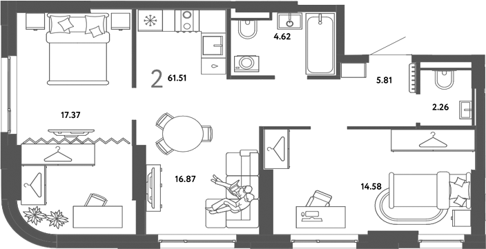 Планировка 2-к.кв 61.51 м² в ЖК «Страна. Тополевая»