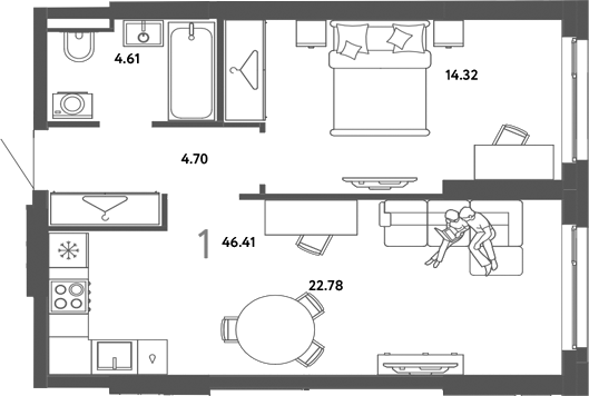 Планировка 1-к.кв 46.41 м² в ЖК «Страна. Тополевая»