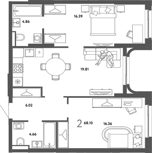 Планировка 2-к.кв 68.10 м² в ЖК «Страна. Тополевая»