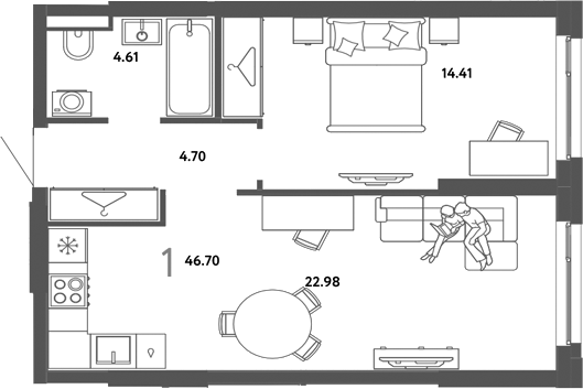 Планировка 1-к. квартира 46.70 м² в ЖК «Страна. Тополевая»