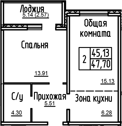 Планировка 2е-к.кв 47.23 м² в ЖК «Кольца»