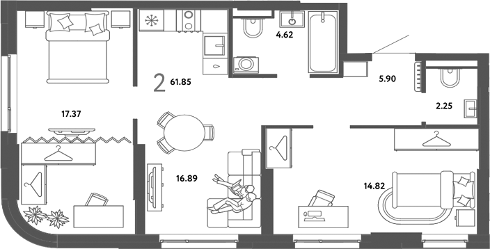 Планировка 2-к.кв 61.85 м² в ЖК «Страна. Тополевая»