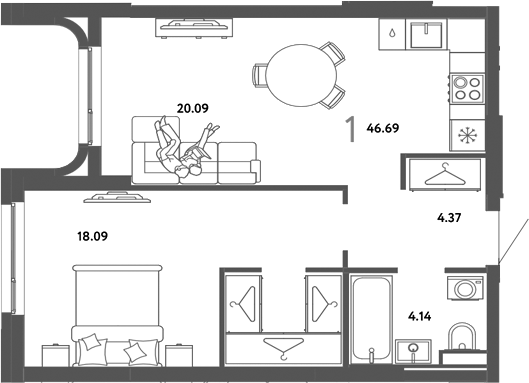 Планировка 1-к.кв 46.69 м² в ЖК «Страна. Тополевая»