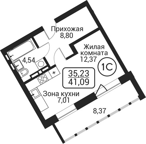 Планировка студии 32.72 м² в ЖК «Пегас»