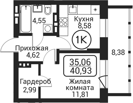 Планировка 1-к.кв 32.55 м² в ЖК «Пегас»