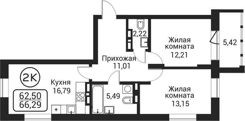 Планировка 2-к.кв 60.87 м² в ЖК «Пегас»