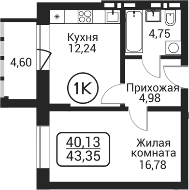 Планировка 1-к. квартира 38.75 м² в ЖК «Пегас»