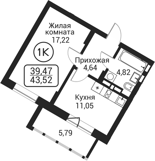 Планировка 1-к.кв 37.73 м² в ЖК «Пегас»