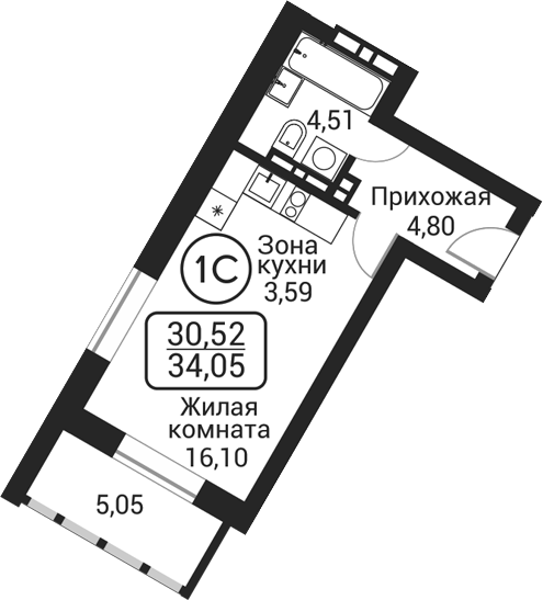 Планировка студии 29.00 м² в ЖК «Пегас»