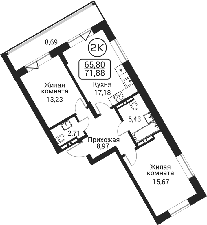 Планировка 2-к. квартира 63.19 м² в ЖК «Пегас»