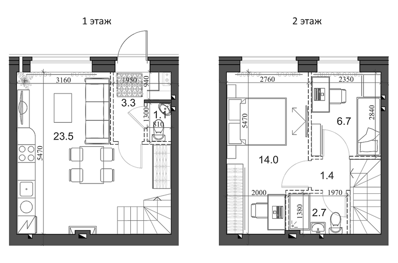 Планировка таунхаус 53.40 м² в ЖК «Коттеджный поселок Березки Новолуговое»