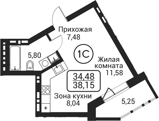 Планировка студии 32.90 м² в ЖК «Пегас»