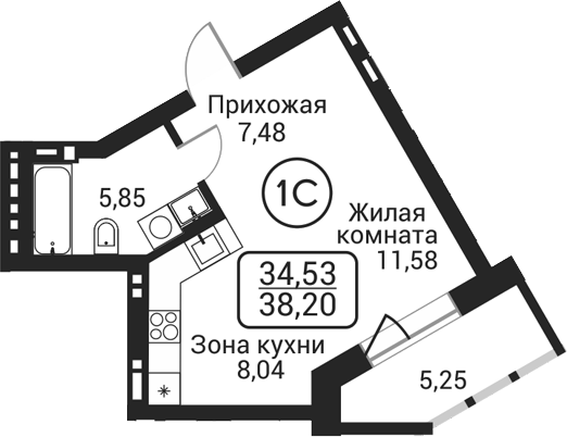 Планировка студии 32.95 м² в ЖК «Пегас»