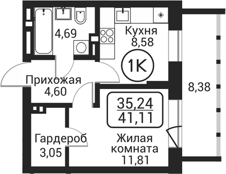 Планировка 1-к.кв 32.73 м² в ЖК «Пегас»
