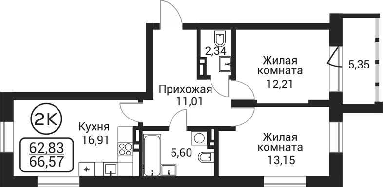 Планировка 2-к.кв 61.23 м² в ЖК «Пегас»