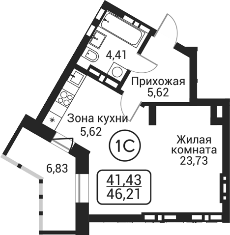 Планировка студии 39.38 м² в ЖК «Пегас»