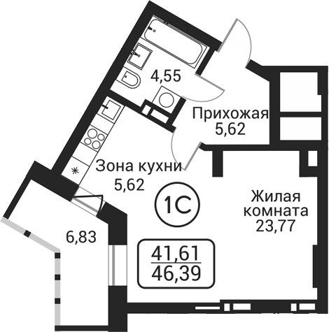 Планировка студии 39.56 м² в ЖК «Пегас»