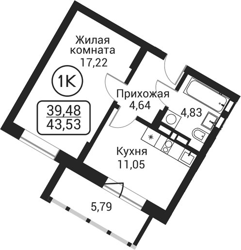 Планировка 1-к. квартира 37.74 м² в ЖК «Пегас»