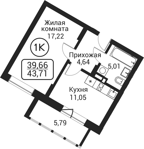 Планировка 1-к. квартира 37.92 м² в ЖК «Пегас»