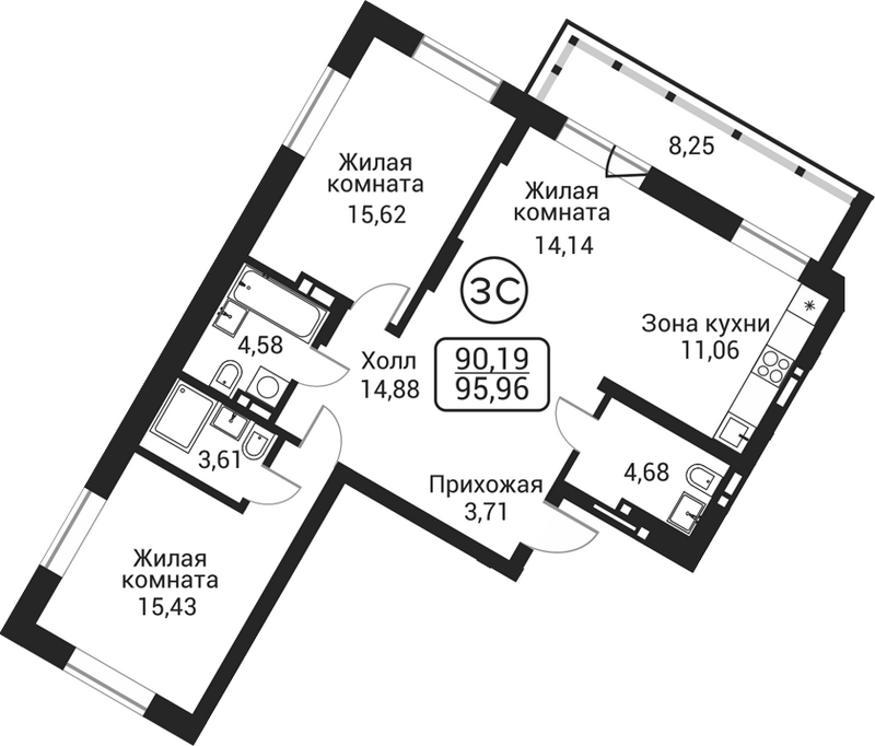 Планировка 3е-к. квартира 87.71 м² в ЖК «Пегас»