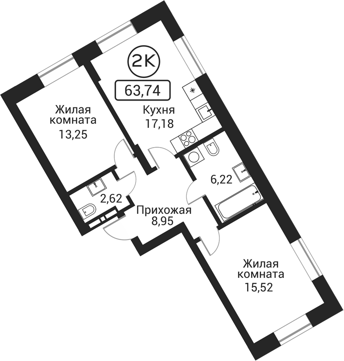 Планировка 2-к. квартира 63.74 м² в ЖК «Пегас»