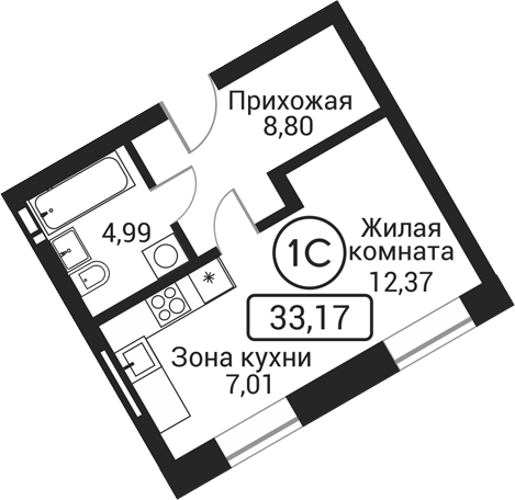Планировка студия 33.17 м² в ЖК «Пегас»
