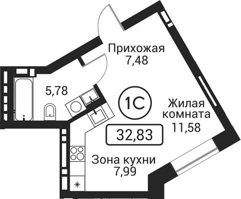 Планировка студия 32.83 м² в ЖК «Пегас»