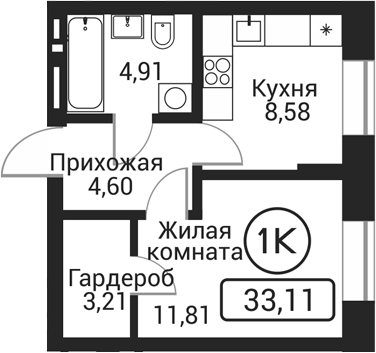 Планировка 1-к. квартира 33.11 м² в ЖК «Пегас»