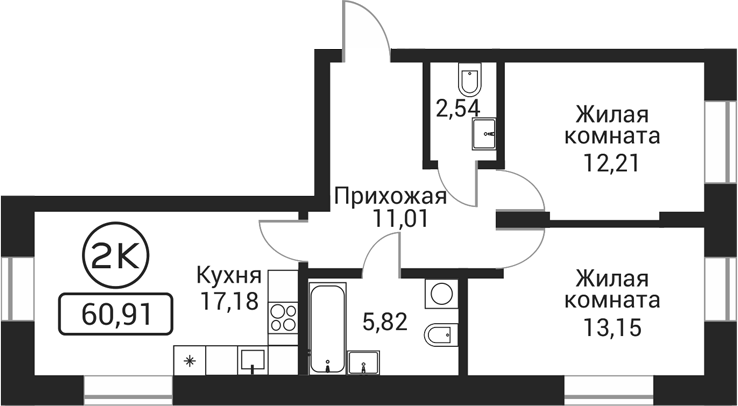 Планировка 2-к. квартира 61.91 м² в ЖК «Пегас»