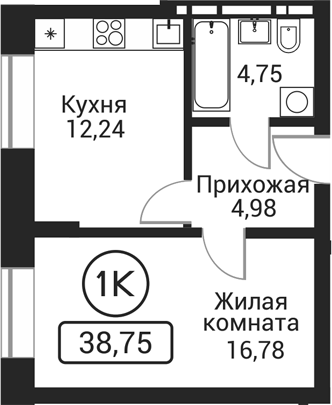 Планировка 1-к. квартира 38.75 м² в ЖК «Пегас»