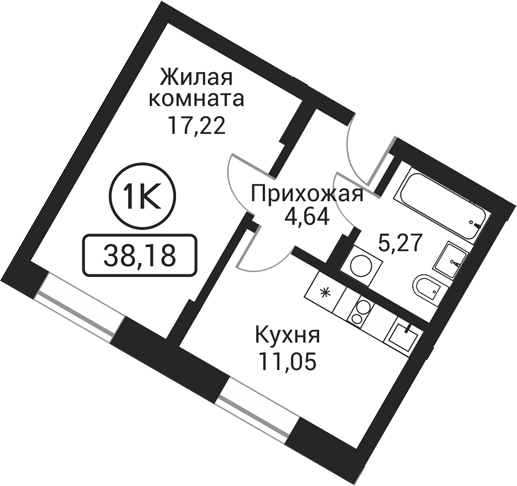 Планировка 1-к. квартира 38.18 м² в ЖК «Пегас»
