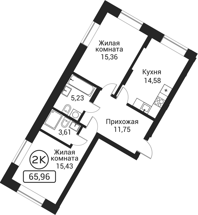 Планировка 2-к.кв 65.96 м² в ЖК «Пегас»