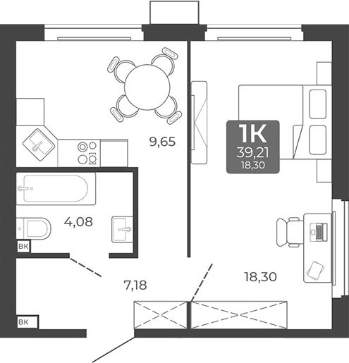 Планировка 1-к.кв 39.21 м² в ЖК «Дом в Мичуринском»