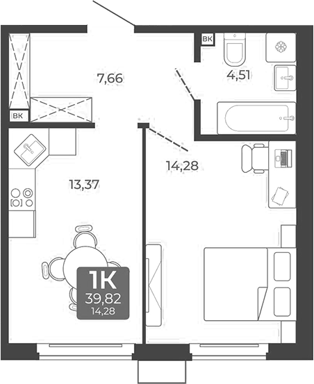 Планировка 1-к. квартира 39.82 м² в ЖК «Дом в Мичуринском»