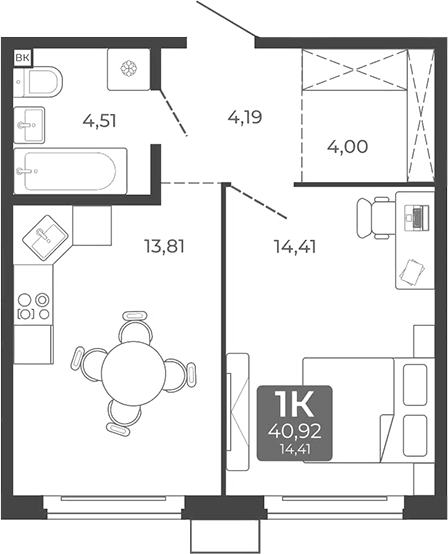 Планировка 1-к.кв 40.92 м² в ЖК «Дом в Мичуринском»