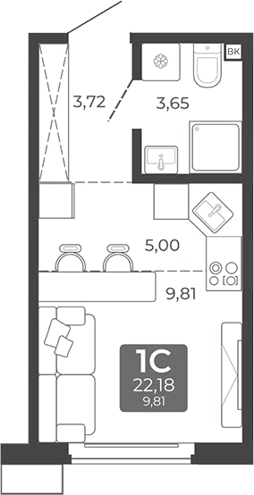 Планировка студия 22.18 м² в ЖК «Дом в Мичуринском»