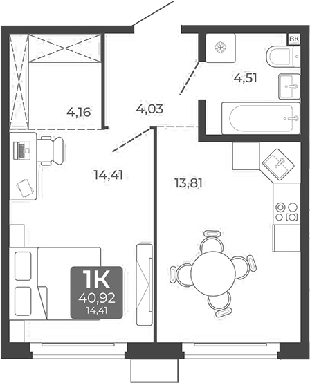 Планировка 1-к. квартира 40.92 м² в ЖК «Дом в Мичуринском»