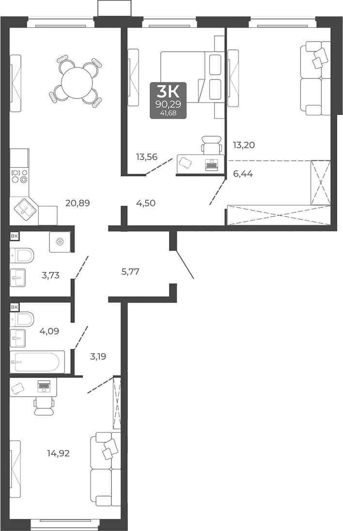 Планировка 3-к.кв 90.29 м² в ЖК «Дом в Мичуринском»