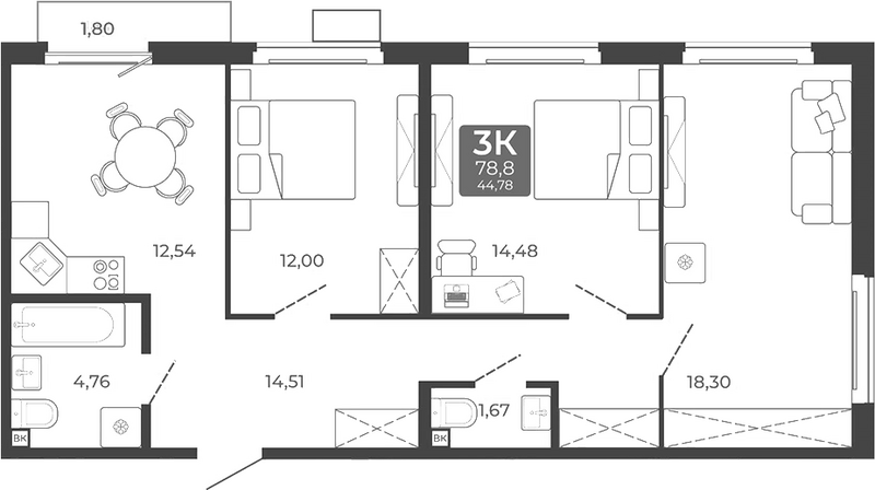 Планировка 3-к.кв 78.26 м² в ЖК «Дом в Мичуринском»