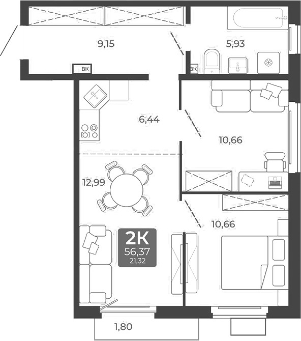Планировка 2-к. квартира 55.83 м² в ЖК «Дом в Мичуринском»