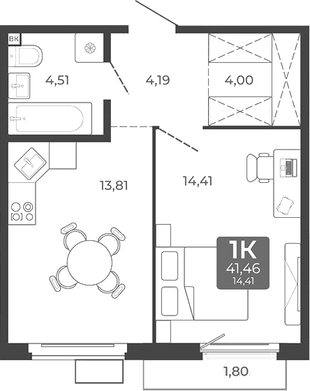 Планировка 1-к.кв 40.92 м² в ЖК «Дом в Мичуринском»